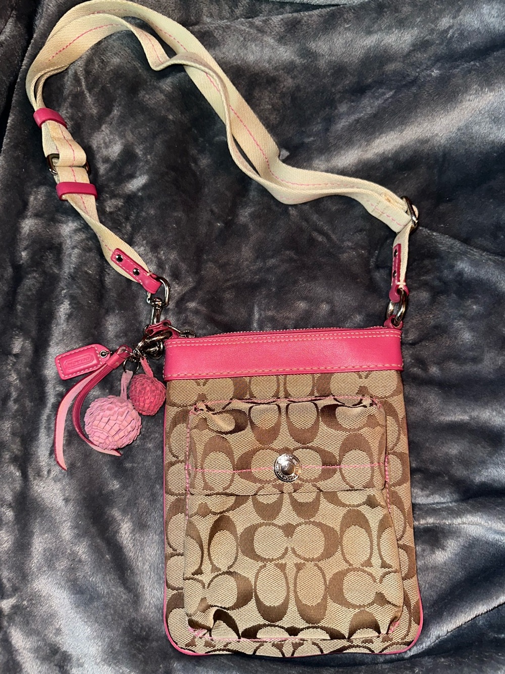 Vintage Y2K Coach Pink Leather & Tan Canvas Crossbody Bag